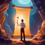 man in casual business wear with lantern reading giant life insurance policy scroll in dimly lit cavern