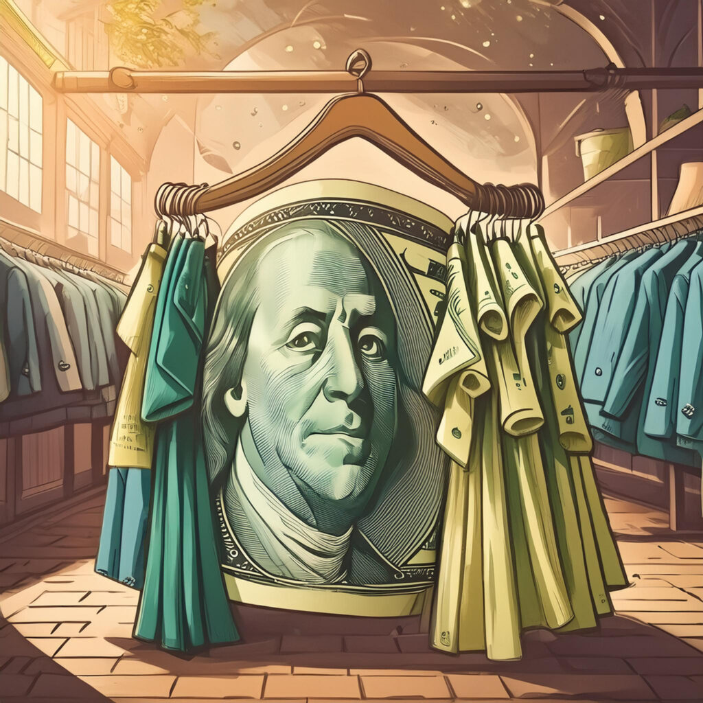 giant paper dollar bill hanging from a franchise clothing store rack