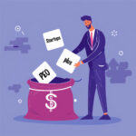 venture capitalists putting cubes into a money sack