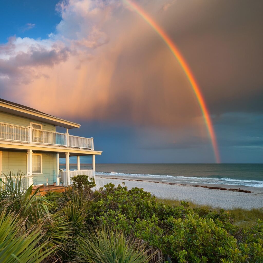 Florida beach house with a rainbow and storm clouds over the ocean