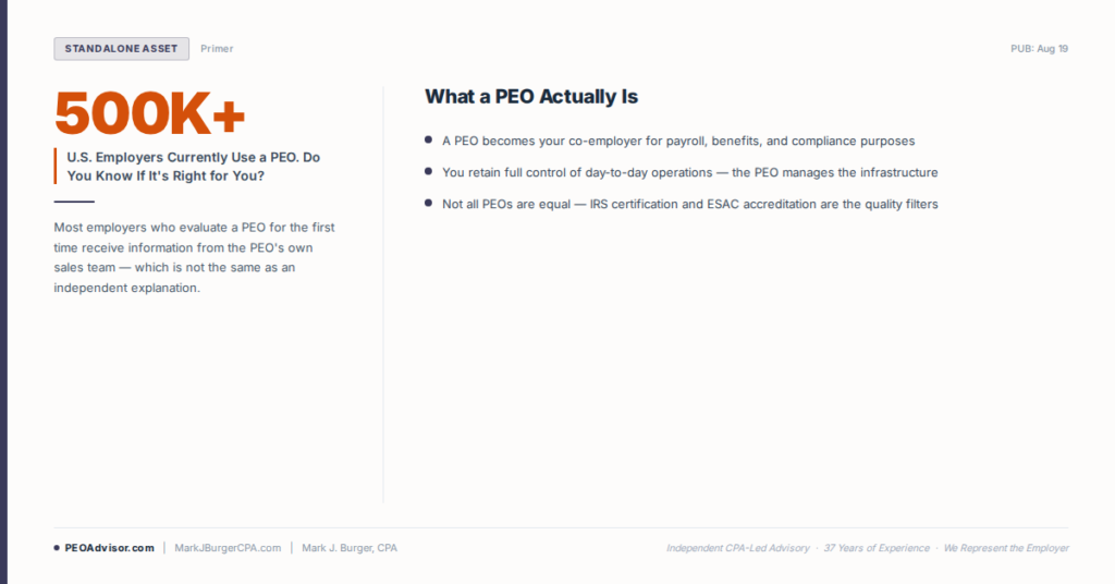 How a PEO works: co-employment for payroll, benefits, and compliance, with IRS certification and ESAC accreditation as the quality filters