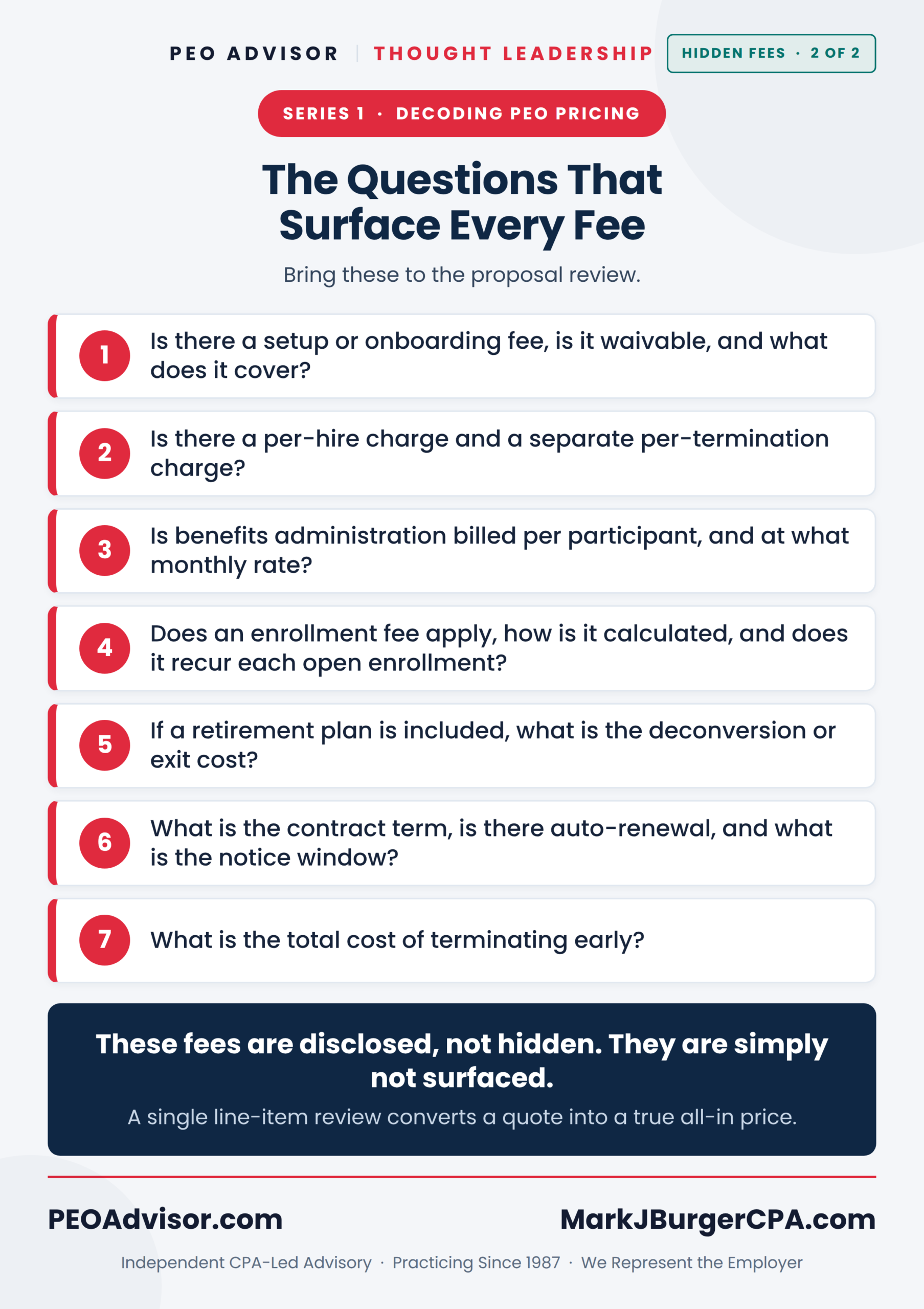 Hidden PEO fees, card 2 of 2 — the seven questions that surface every PEO fee at the proposal review, from setup fee through early-termination cost.