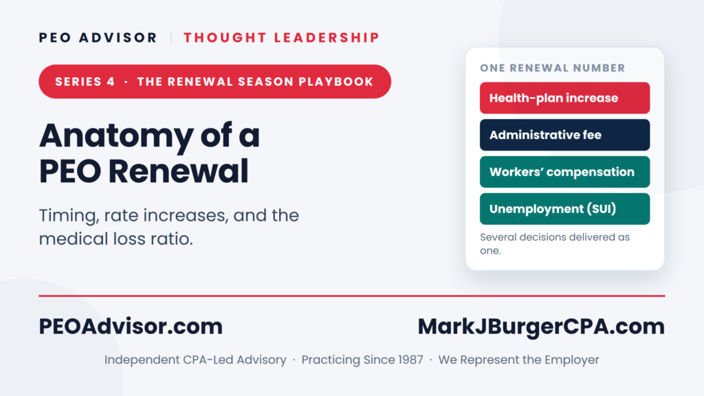 Anatomy of a 2026 PEO renewal - health increase, admin fee, and medical loss ratio components.