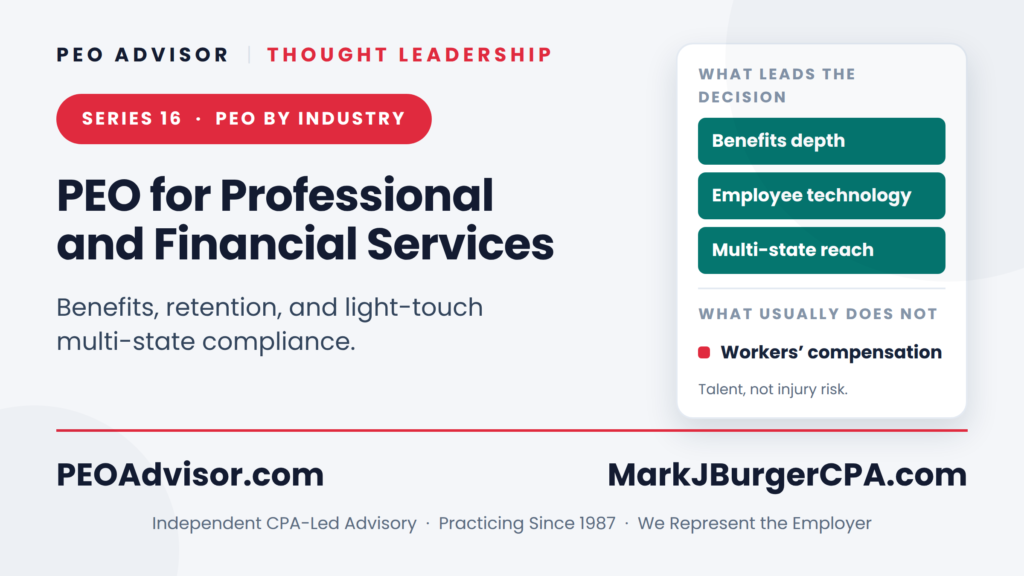 PEO for professional and financial services — competitive benefits, retention, and light-touch multi-state compliance.